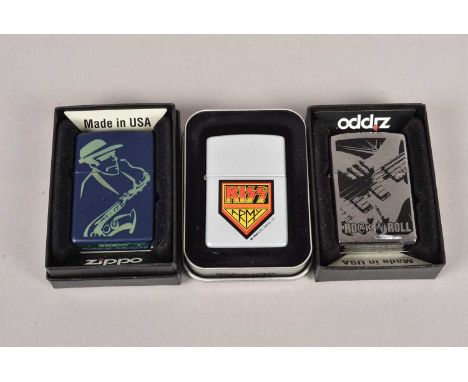 Music, three music related Zippo Lighters, including Planeta-Jazz, Kiss Army, and Planeta Rock n Roll, one missing the retail