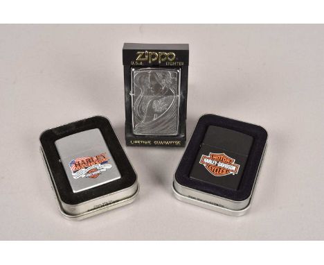 Harley Davidson, three Harley Davidson Zippo Lighters, to include the Logo, The Great American Freedom Machine and Harley Dav