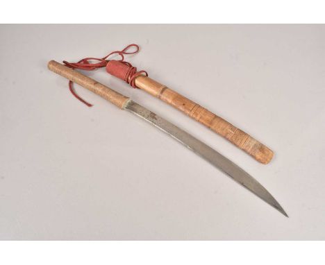 A Burmese Dha, having string bound grip, with 37.5cm long curved blade, with wooden scabbard, no postage for this lot, we can