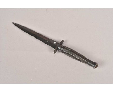 A WWII Fairbairn Sykes 3rd Pattern dagger, sharpened, no obvious markings, lacking scabbard, no postage for this lot, we can 