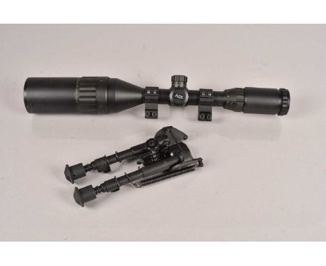 An AGS 3-9x50 Red/Green Mil-Dot AO Rifle scope, together with a spring loaded Rifle Bi-pod (2)