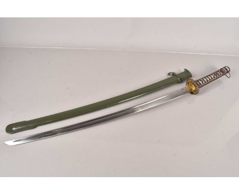 A Japanese NCO Style sword, having matching serial numbers, 50301, with lever release scabbard, brown painted grip and green 