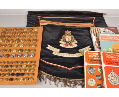 A good collection of Military Regimental buttons, together with a Royal Army Ordnance Corps embodied pennant, and a selection