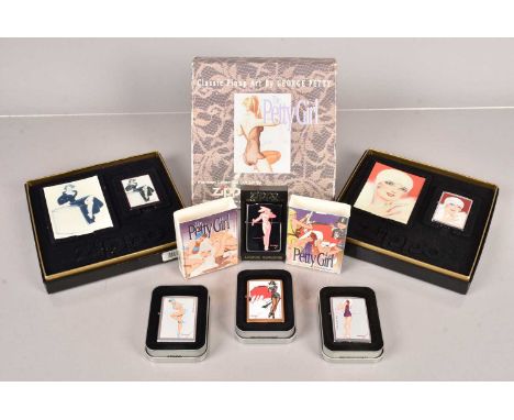 The Petty Girl, a collection of Petty Girl Zippo Lighters, comprising Bunny Girl, Matador, Pretty in Purple, Cool Cathy, Majo