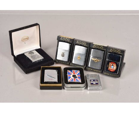Military, a collection of Military Related Zippo Lighters, to include Aergeant Martinez, US Navy, US Air Force, V.E.Day, U.S.