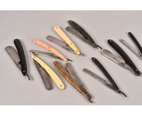 A selection of cut throat razors, including The Crown and Sword, Hollow Ground, Hunter & Son, Dovo of Solingen, Joseph Allen,