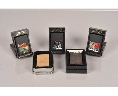 Trucking, three trucking Zippo Lighters, including Call of the Wild, Road Winder, and Black Classic, together with 100 Years 