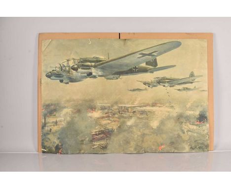After Theo Matejko (1893-1946), print depicting the Luftwaffe in Heinkel He 111 Fighter planes bombing Warsaw in 1939, 93cm x
