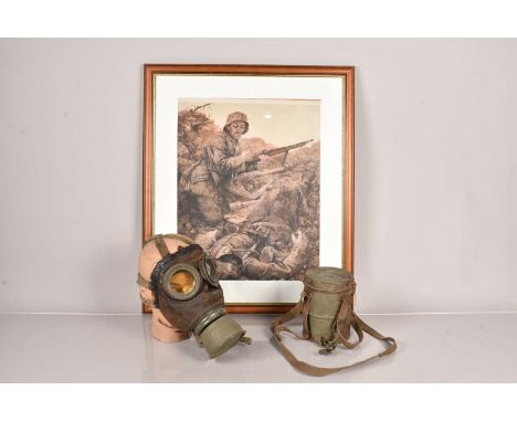 A German M17 Gas Mask, complete with carry tin, together with a German print (3)