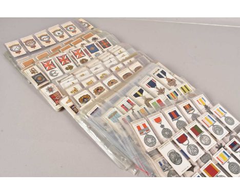 Military Medals and Regimental Standards/Badges Themed Cigarette Card Sets (45),  all stored in plastic sleeves, mainly commo