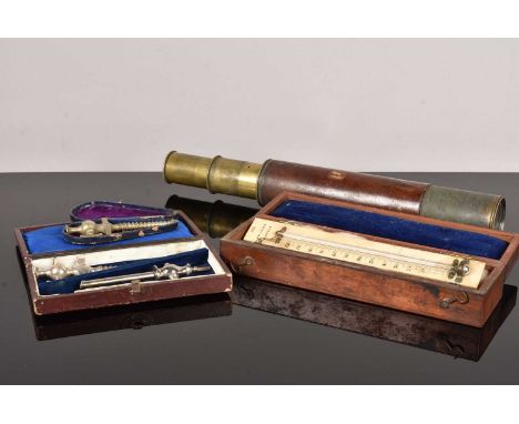 A vintage R & J Beck of London Thermometer, together with a three stage telescope, plus three vintage Champagne taps (parcel)