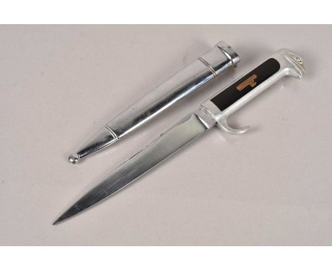 An Italian MSVN Dagger, having aluminum hilt with black panels inset with brass fasces, with plated blade, and plated scabbar