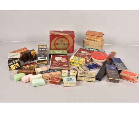 A collection of shaving related items, to include various makers of razor blade, comprising Nymph, Lillicrap's Hone, Gillette