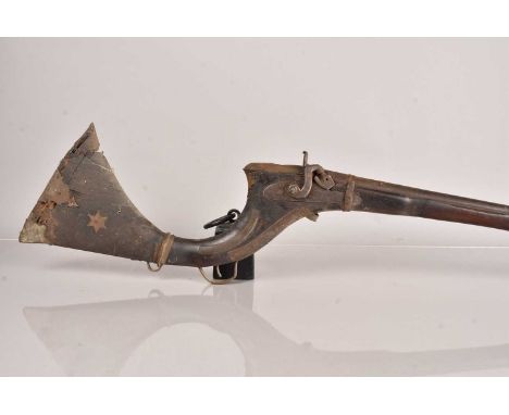 A Middle Eastern Percussion Cap Musket/Rifle, having three bands to the stock and barrel, barrel 104cm long, the stock with d