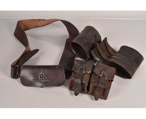A modern Royal Artillery leather ammunition pouch and belt, together with a pair of leather gators and a two compartment leat