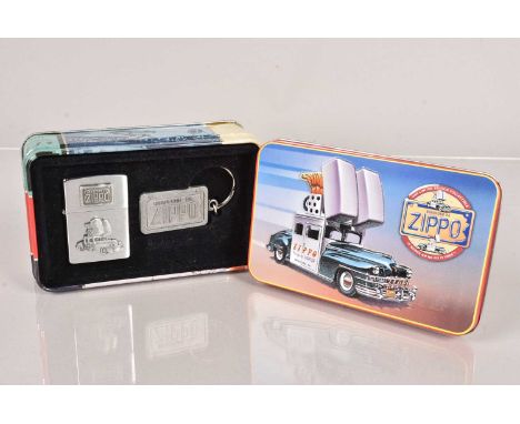 The Zippo Car, a 1998 Limited Edition Zippo Lighter set, comprising a brushed chrome lighter with applied Zippo Car decoratio