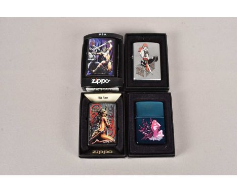 Kit Rae, two Zippo Lighters from the Fantasy Series, including Ellewah and Barlodir Slays Shadow, together with Fluttering Fa