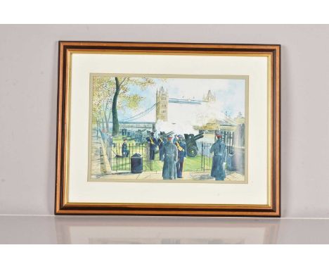 A Limited Edition Print by John C Burrows, 263/850, depicting an Artillery Gun Salute along the Thames at Tower Bridge, 30cm 