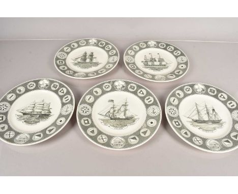 Five Wedgwood Commemorative plates, depicting various ships, including Cruger, Highlander, America, Sooloo and Olinda, all ma