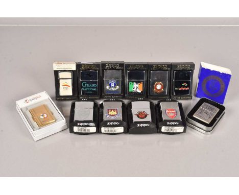 Sporting, a good collection of Sporting Related Zippo Lighters, to include Arsenal, Manchester United, West Ham, Everton, Ame