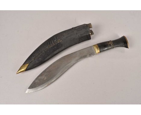 A Middle Eastern Kukri knife, having a thick spined blade, complete with scabbard and two skinning knives, (3) no postage for