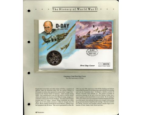 Guernsey £2 silver Coin First Day Cover D-Day 6th June with Stamps and Postmarks. £2 Guernsey Stamp with 2 D-Day Post Office 