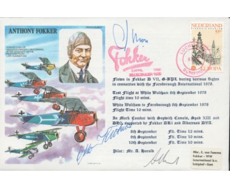 WW2 German Fighter Ace Otto Kuntzner Signed Anthony Fokker First Day Cover. Further Signed by 2 others. 768 of 1278. Nederlan