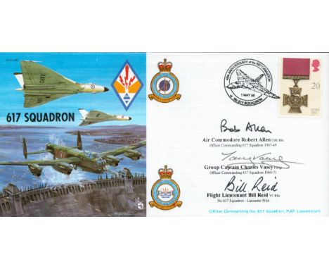 WW2 RAF Flt Lt Bill Reid and 2 others Signed 617 Squadron First Day Cover. Further Signed by Air commodore Bob Allen and Grp 