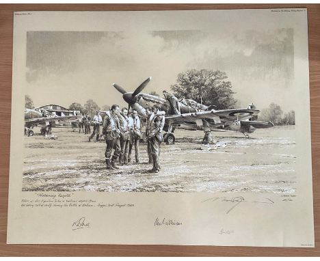 WW2 RAF Black and White Print Titled Welcoming Respite by Robert Taylor Signed by 3 Battle of Britain Pilots including RH Jon