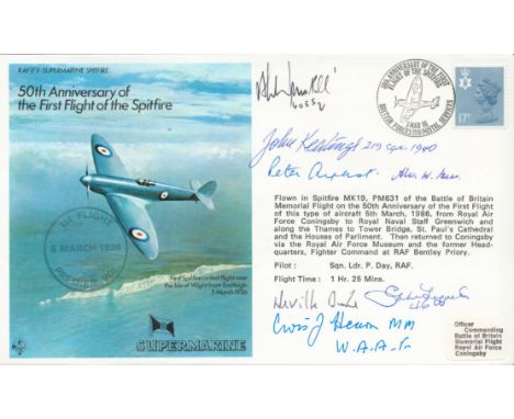 WW2 RAF Neville Duke and 6 others signed 50th Anniversary of the First Flight of the Spitfire FDC. Further Signed by John Kea