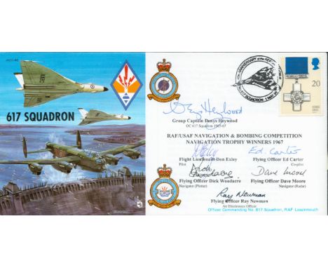 RAF Grp Cptn Denys Heywood and 5 Others Signed 617 Squadron First Day Cover. Further Signed by Flt Lt Don Exley, F/O Ed Carte