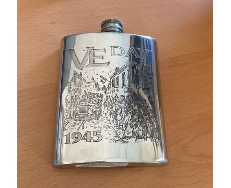 Superb 6oz Silver Plated VE Day 1945- The Victory in Europe Hip Flask. A Sheffield Mint Production. Come in Original Box. Goo