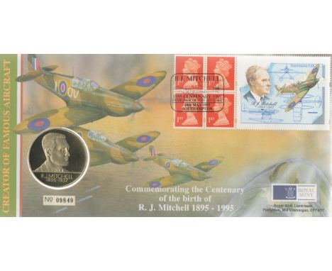 Commemorating the Centenary of the Birth of R J Mitchell 1895-1995 First Day Coin Cover. RJ Mitchell Stamp with 4 British 1st