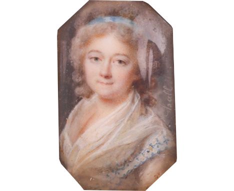 Ball (Early 19th century)Portrait of a lady, with blue floral design shawl and blue ribbon in the Hairsigned 'Ball' octagonal