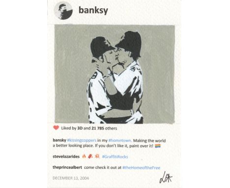 
	
		Laurence De Valmy
		Banksy Kissing Coppers, 2020
		Acrylic and Ink on Paper
		Signed verso
		15 x 10cm (5¾ x 3¾ in.)
		"