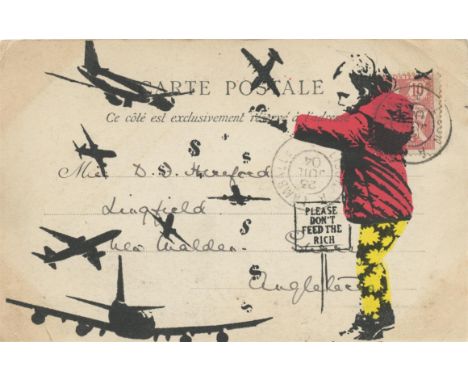 
	
		JohnnyX
		Please Don't Feed The Rich
		Screen Print on Vintage Postcard
		Signed verso
		15 x 10cm (5¾ x 3¾ in.)
		Johnn