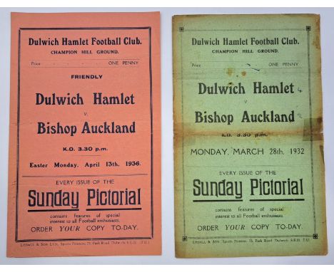 Dulwich Hamlet V Bishop Auckland A.F.C PRE WAR Vintage Football Programmes. Pre WW2 comprising of Monday March 28th 1932 and 