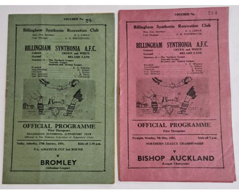 Amateur Football Vintage early 1950's Programmes. Comprising of Billingham Synthonia V Bishop Auckland Monday 7th May 1951 al