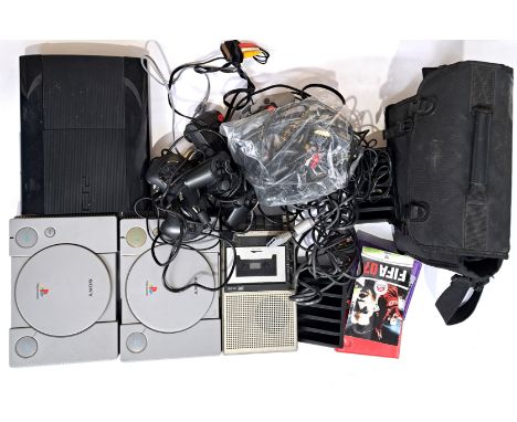 Vintage/Retro Gaming. PlayStation, an unboxed group of Consoles, Peripherals etc to include 2x PS1 Consoles, PS3 Console, Vin