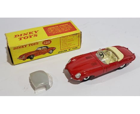 Dinky 120 Jaguar E-Type Red with&nbsp;Grey Detachable Hood, boxed. Although unchecked for completeness condition generally ap