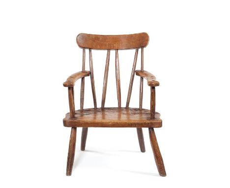 A Victorian sycamore, ash and pine stick-back armchair, IrishThe back with bar toprail and angled upright spindles, the curve