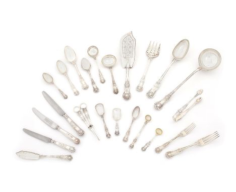 A composite Queens pattern silver table service of flatware and cutlery, principally Victorian
Various dates and maker's incl