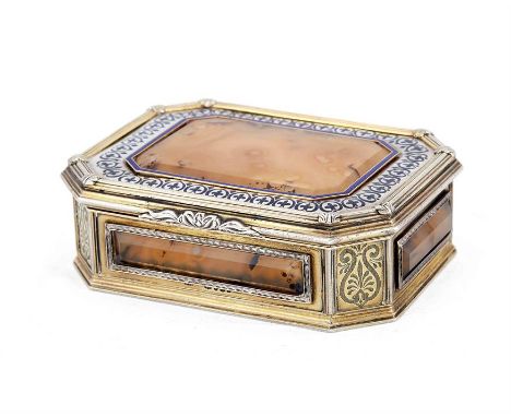 A Victorian silver-gilt, enamel and agate table snuff box by William Nichols, London, 1852Oblong with canted corners, hinged 