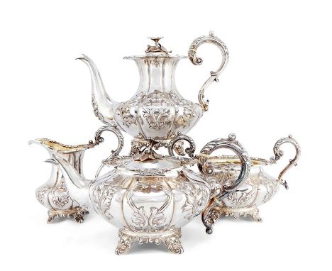 An early Victorian four-piece silver tea and coffee service by William Bateman & Daniel Ball, London, 1841Of squat, fluted ba