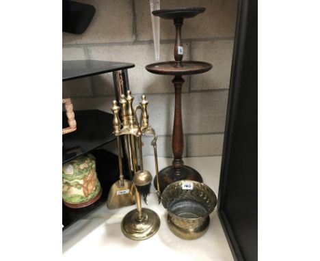A 1930's oak smokers stand, brass planter &amp; a companion set