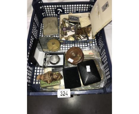 A mixed lot including Boson's whistle with war office arrow, bottle openers, penknives, fishing reel, opera glasses, pewter p