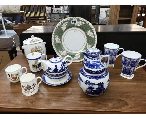 8 Pieces of Ringtons blue &amp; white ware, Ringtons Elizabeth II Golden Jubilee lidded jar, 2 First World War Commomerative 