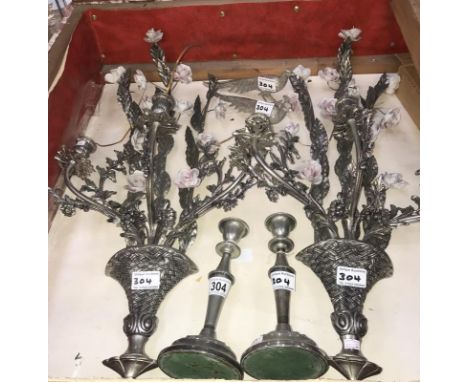 A pair of silver plate candlestick and a pair of metal pheasants