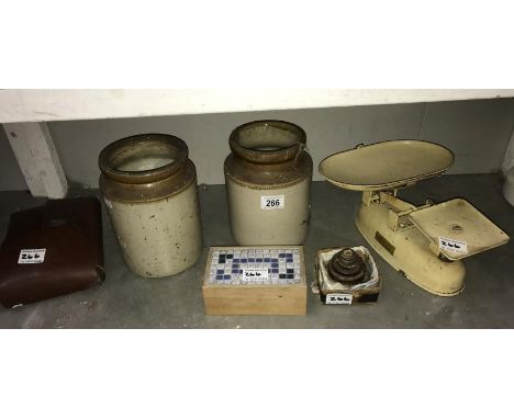 A quantity of miscellaneous including stoneware and kitchen scales etc.