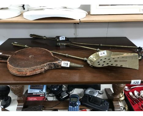 A brass fire tong and shovel and a set of bellows A/F